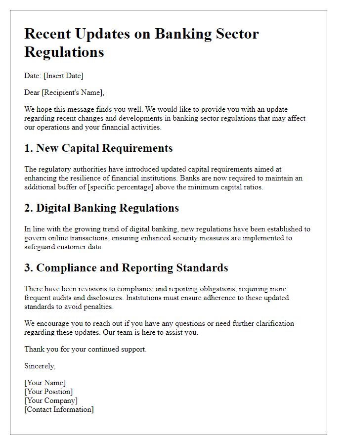 Letter template of recent updates on banking sector regulations