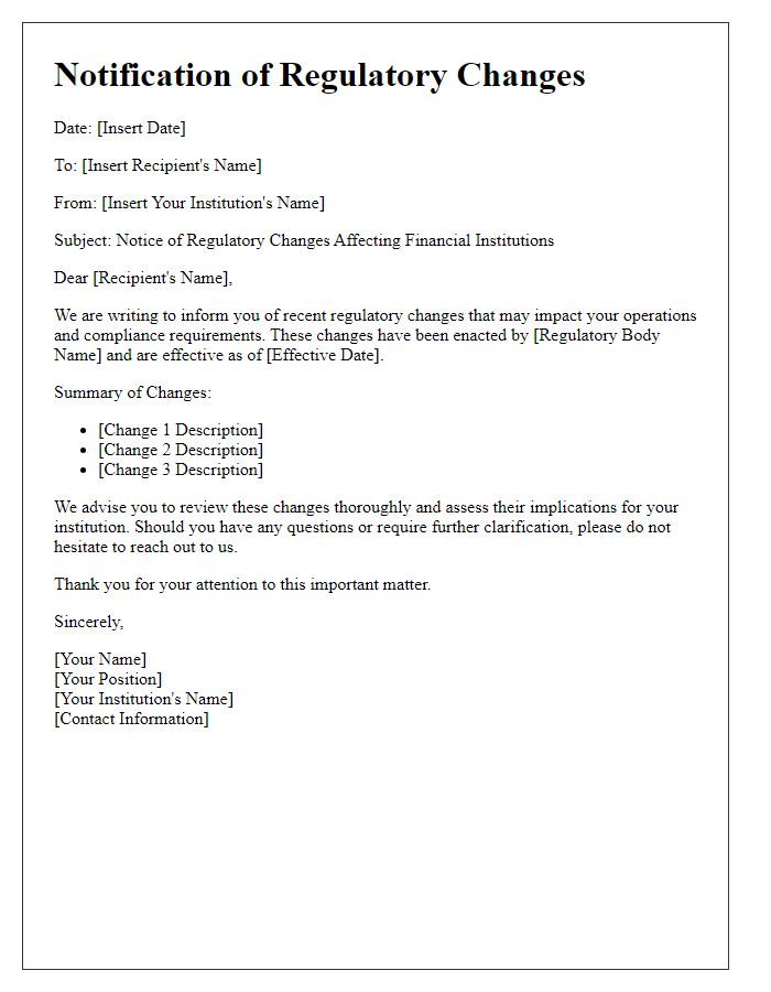 Letter template of regulatory changes for financial institutions