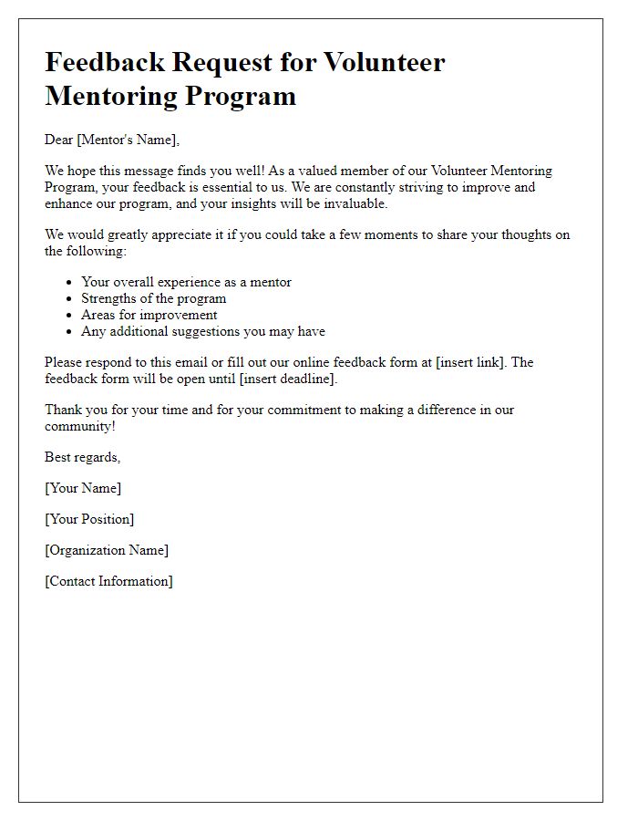 Letter template of volunteer mentoring program feedback request