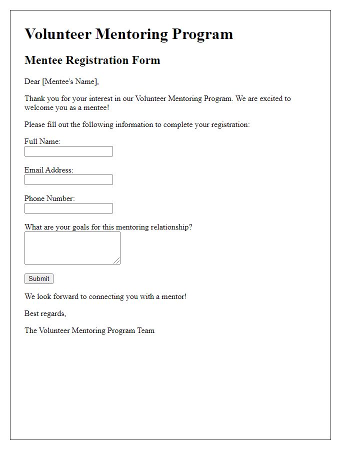 Letter template of volunteer mentoring program mentee registration