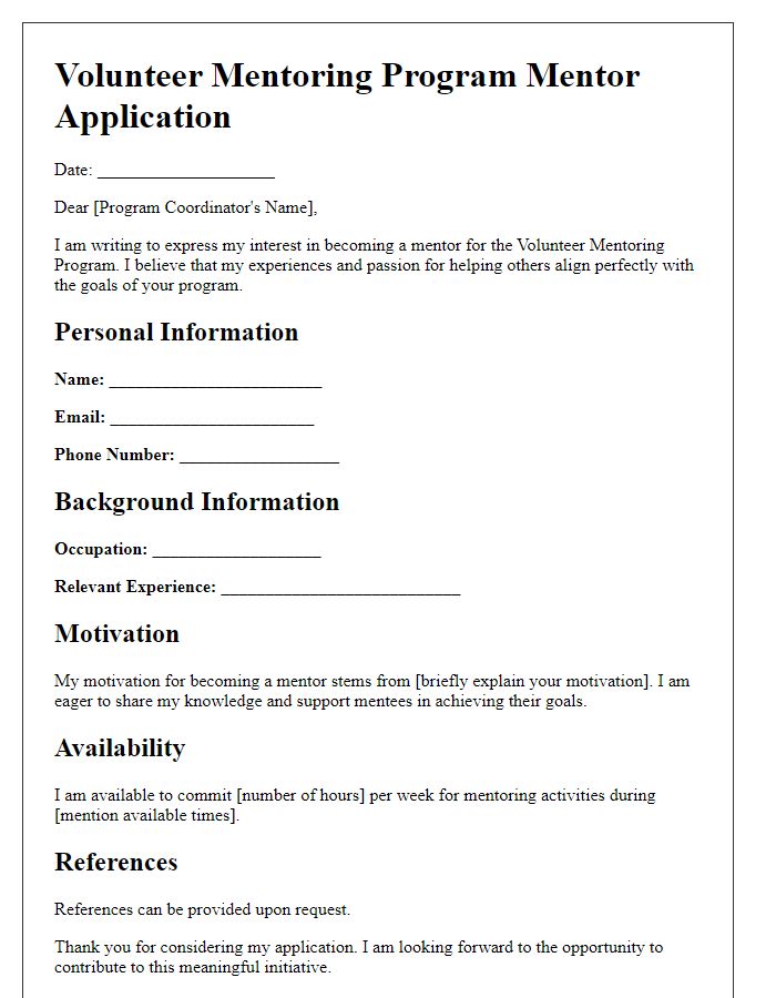 Letter template of volunteer mentoring program mentor application