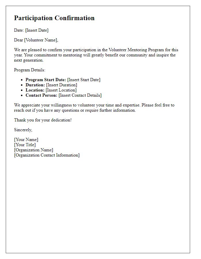 Letter template of volunteer mentoring program participation confirmation