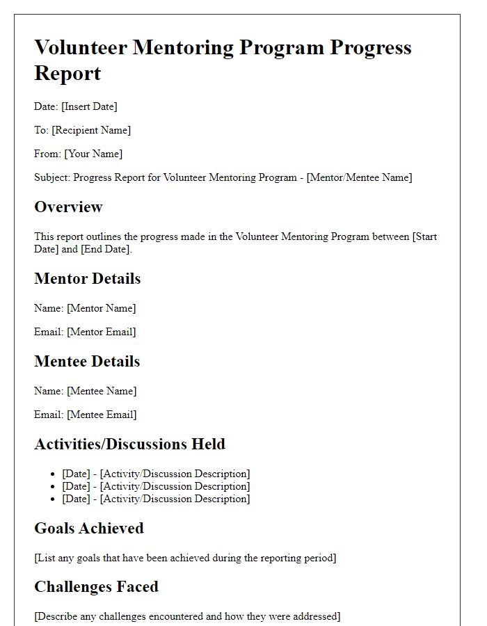 Letter template of volunteer mentoring program progress report