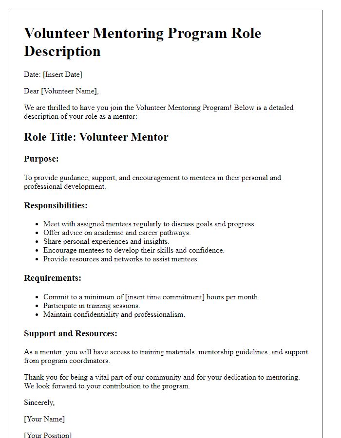 Letter template of volunteer mentoring program role description