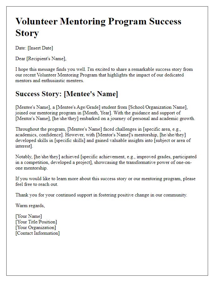 Letter template of volunteer mentoring program success story sharing