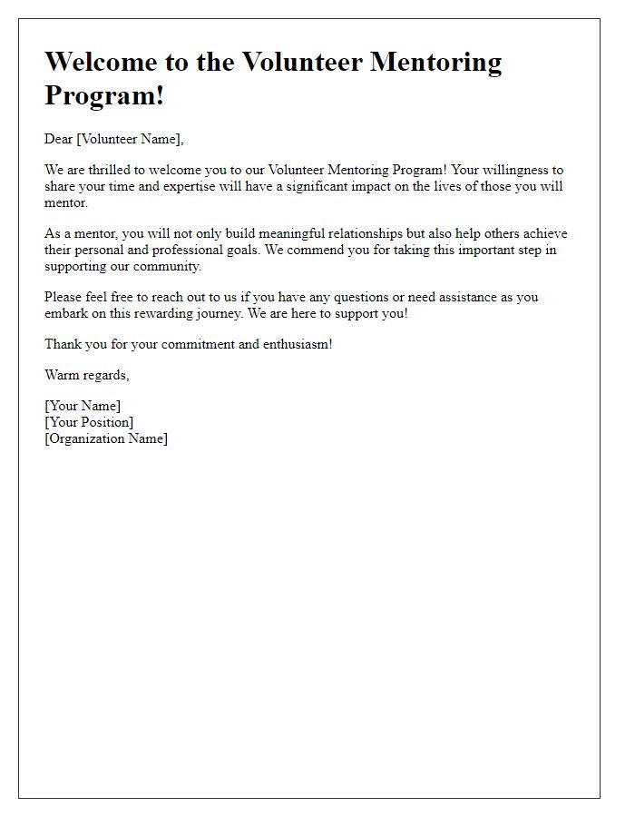 Letter template of volunteer mentoring program welcome message