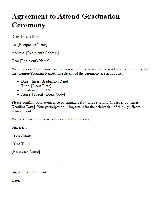 Letter template of agreement to attend graduation ceremonies.