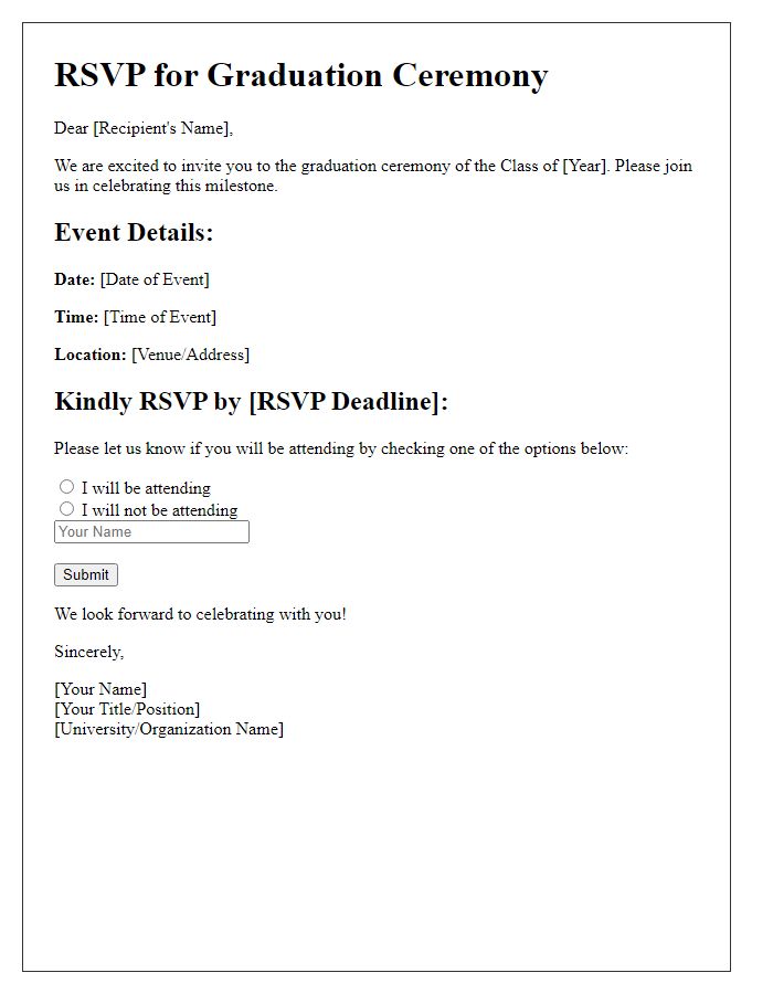 Letter template of RSVP for graduation event participation.