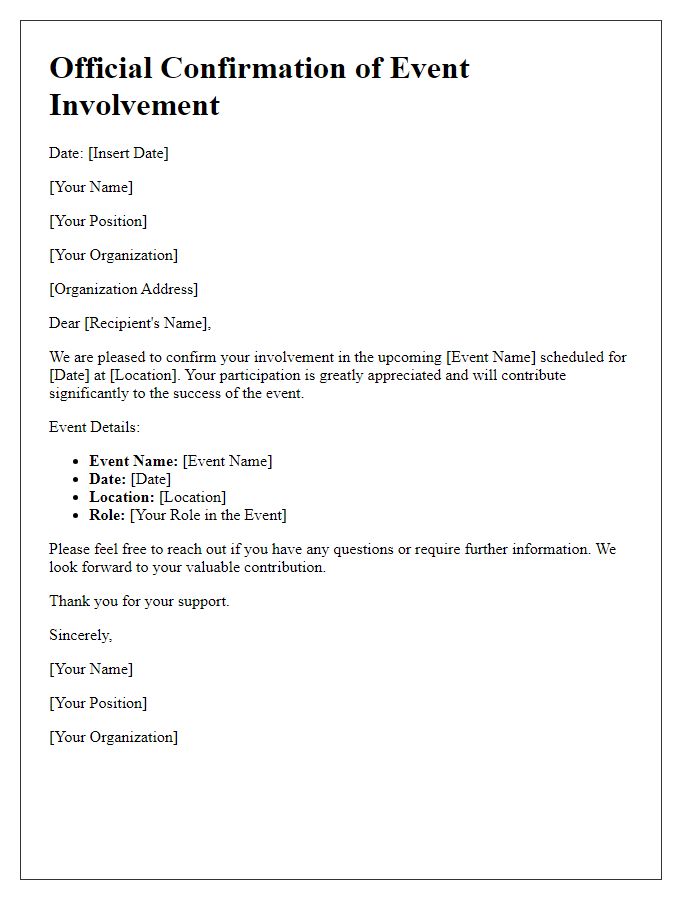 Letter template of official confirmation of event involvement