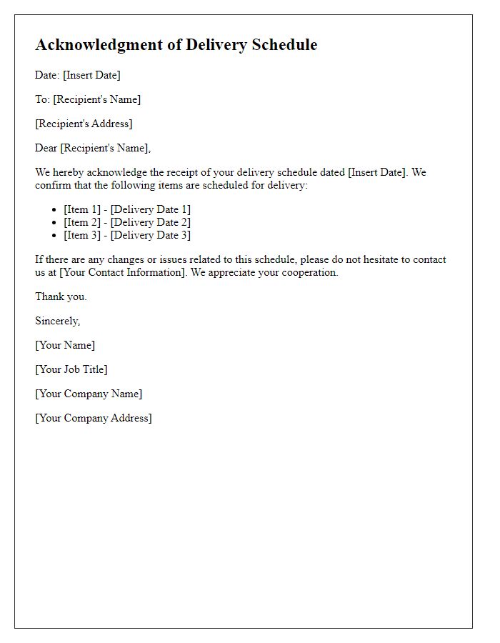 Letter template of Acknowledgment of Delivery Schedule