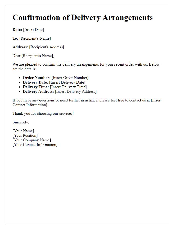 Letter template of Confirmation of Delivery Arrangements