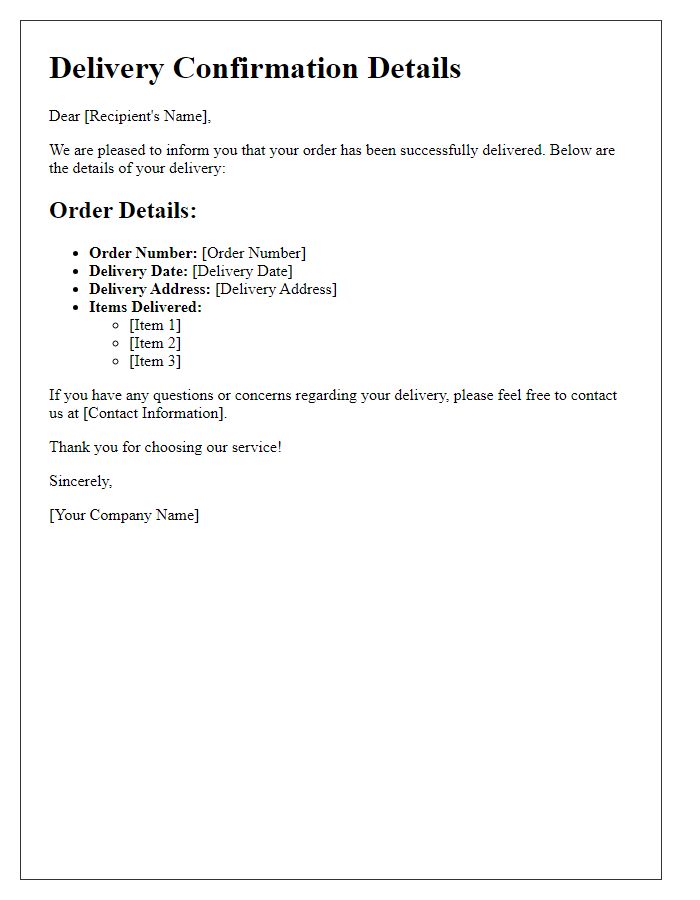 Letter template of Delivery Confirmation Details