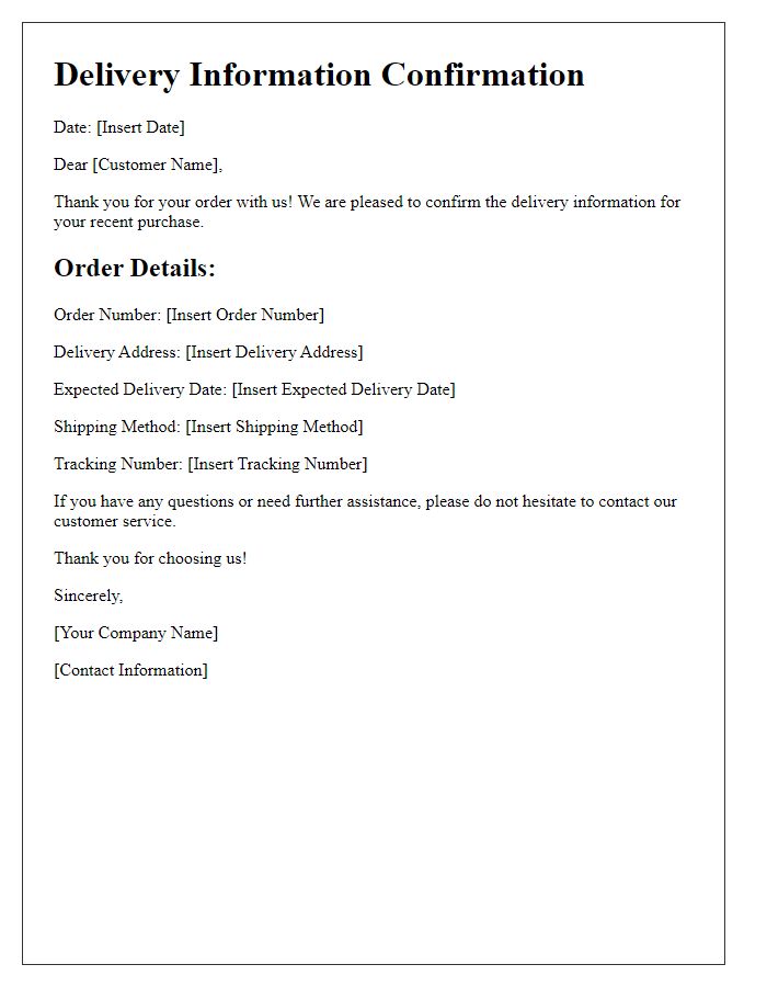 Letter template of Delivery Information Confirmation