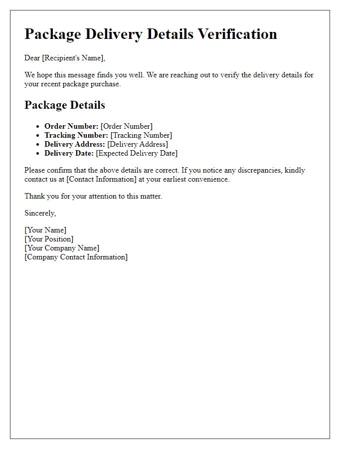 Letter template of Package Delivery Details Verification