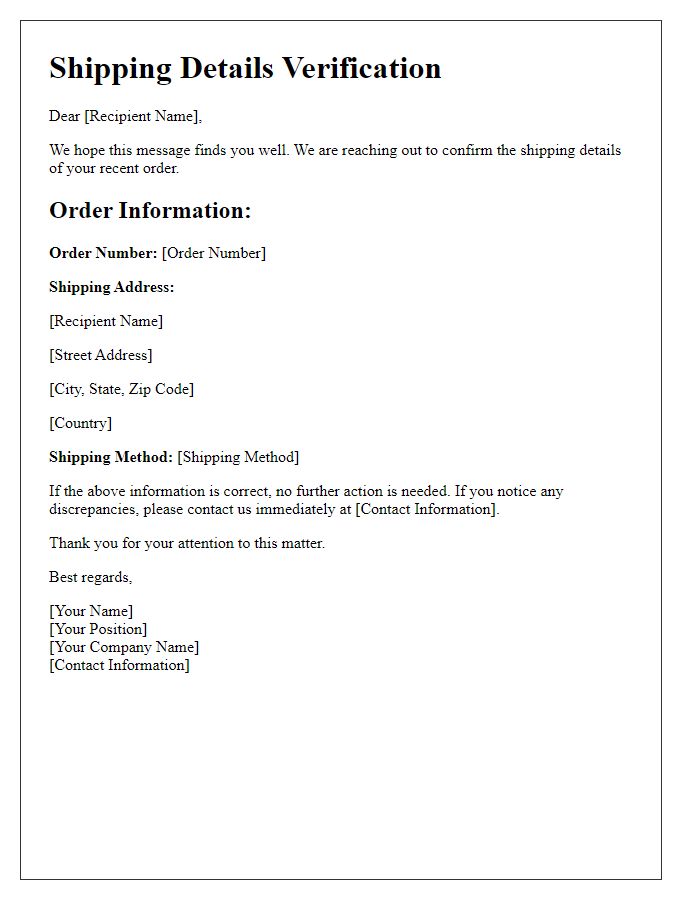 Letter template of Shipping Details Verification