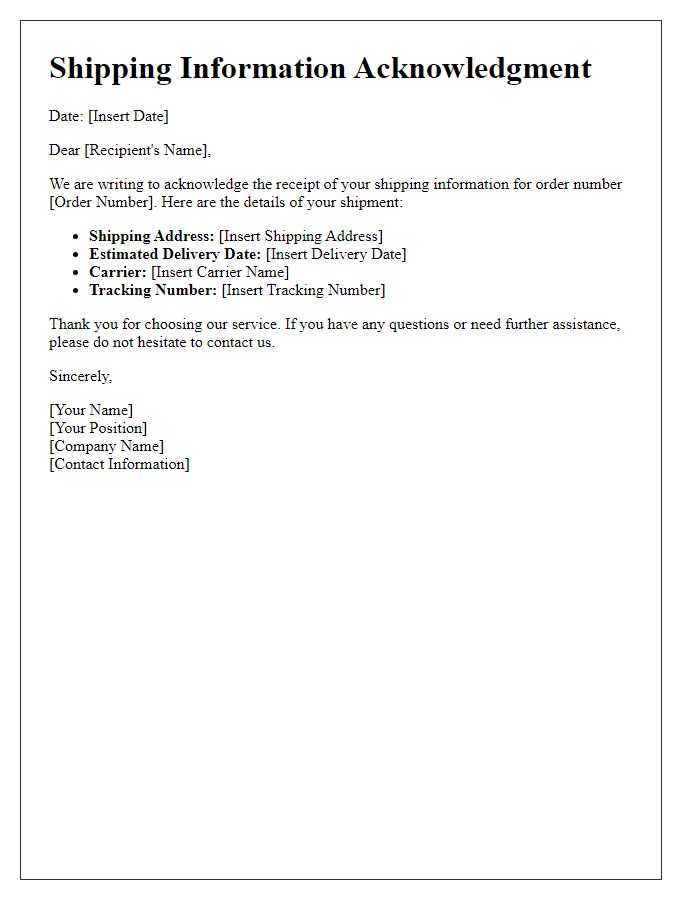 Letter template of Shipping Information Acknowledgment