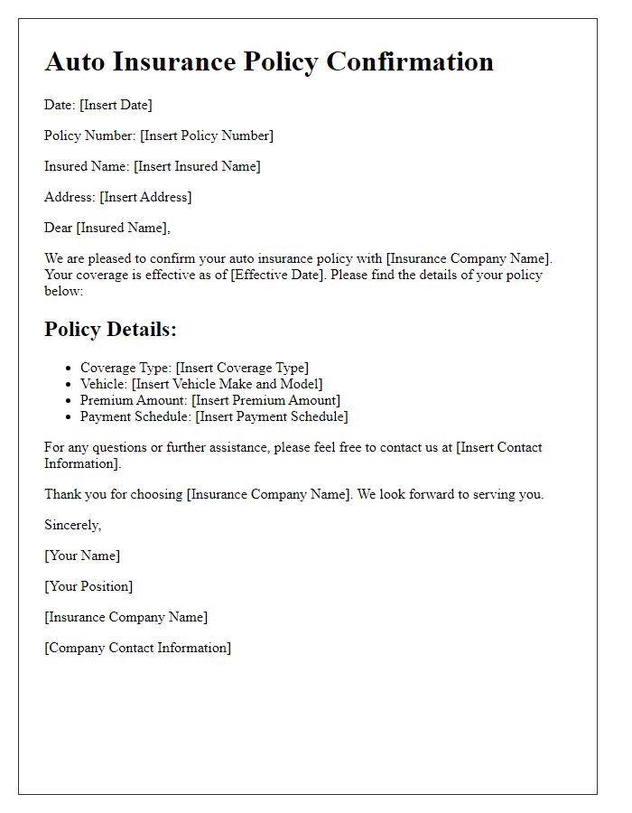 Letter template of Auto Insurance Policy Confirmation