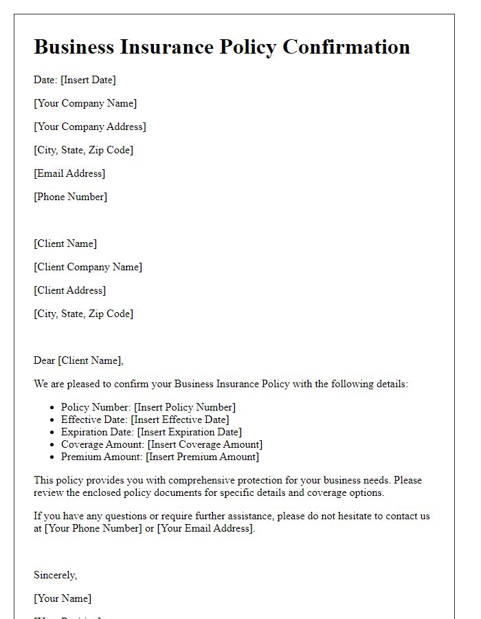 Letter template of Business Insurance Policy Confirmation