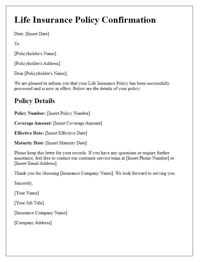 Letter template of Life Insurance Policy Confirmation