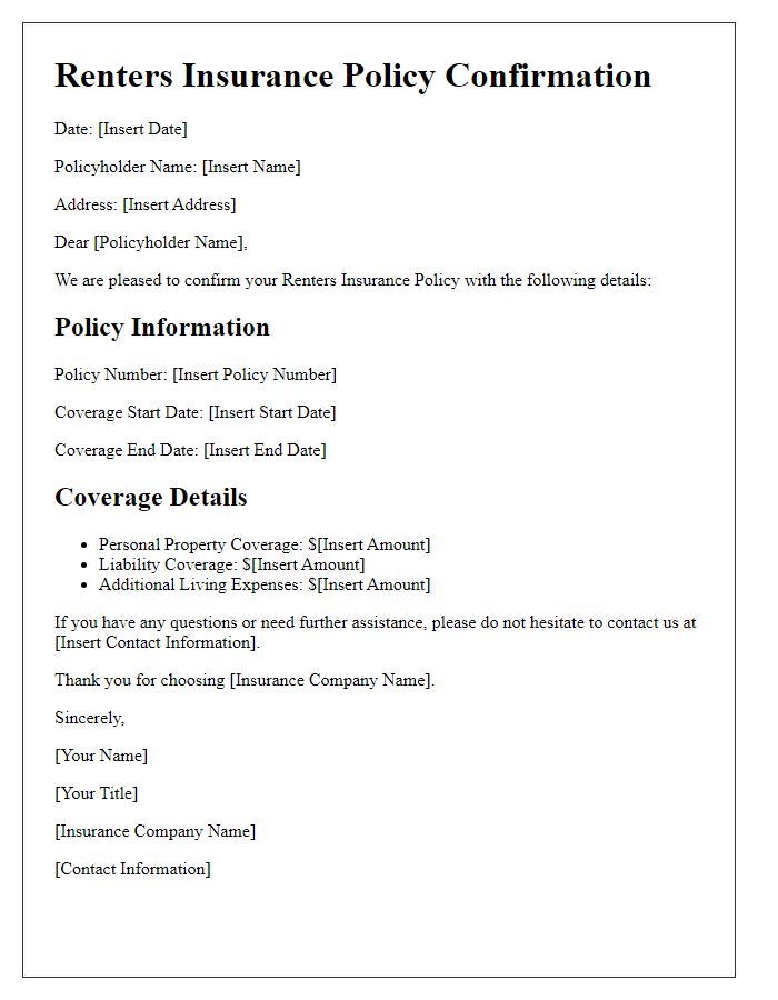 Letter template of Renters Insurance Policy Confirmation