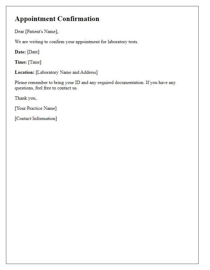 Letter template of medical appointment confirmation for laboratory tests.