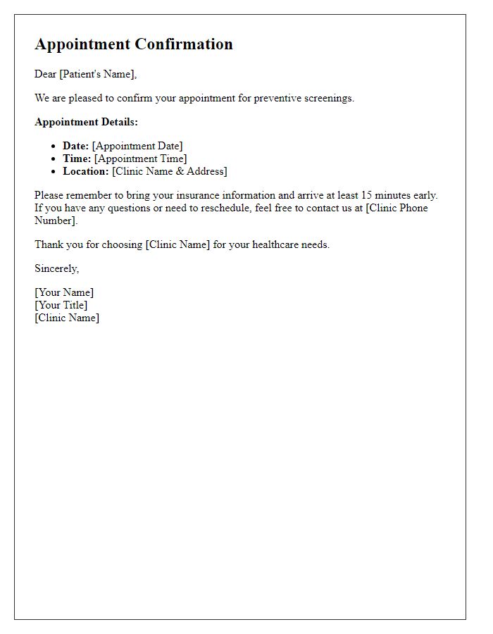 Letter template of medical appointment confirmation for preventive screenings.