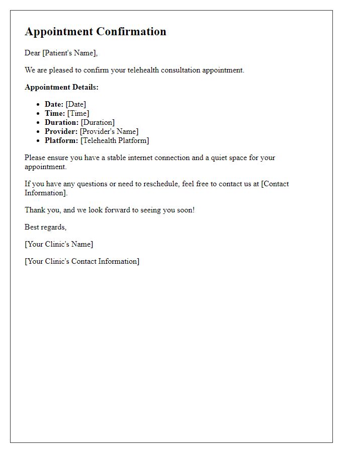 Letter template of medical appointment confirmation for telehealth consultation.