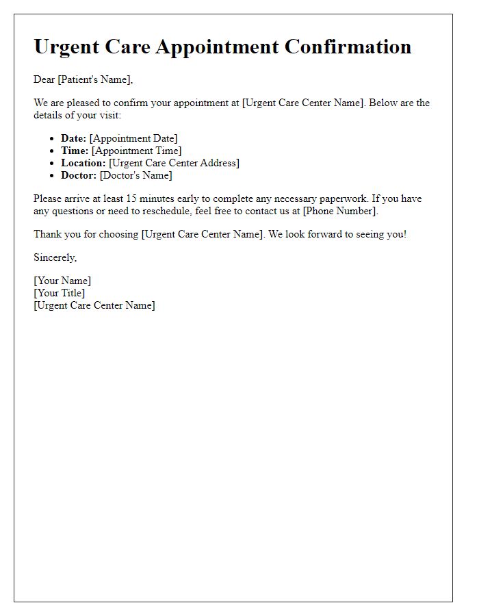 Letter template of medical appointment confirmation for urgent care.