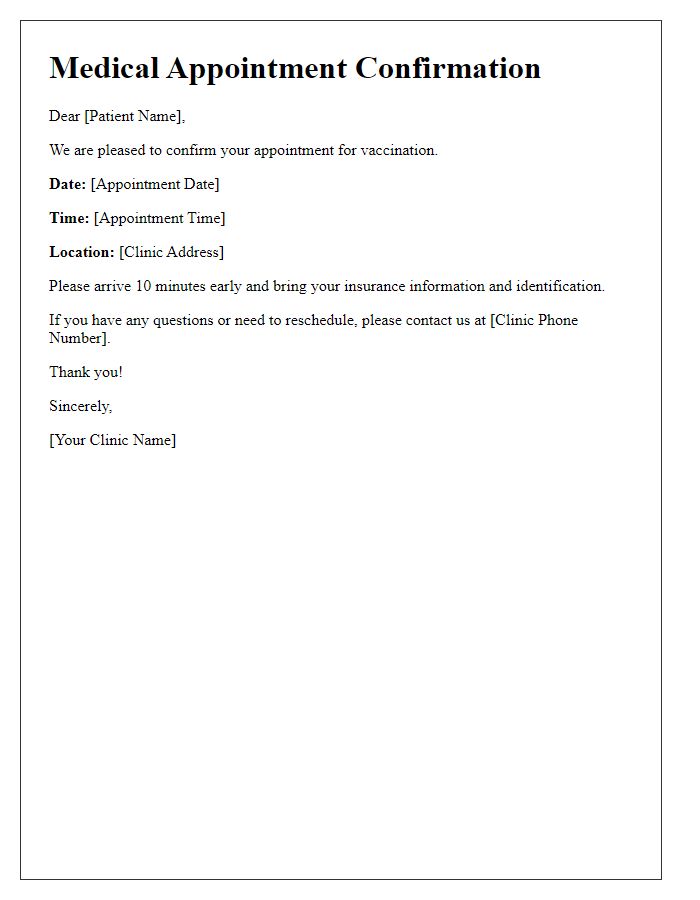 Letter template of medical appointment confirmation for vaccination.