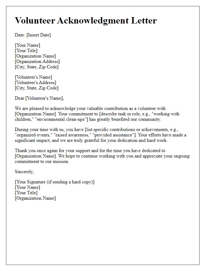 Letter template of acknowledgment for volunteering role