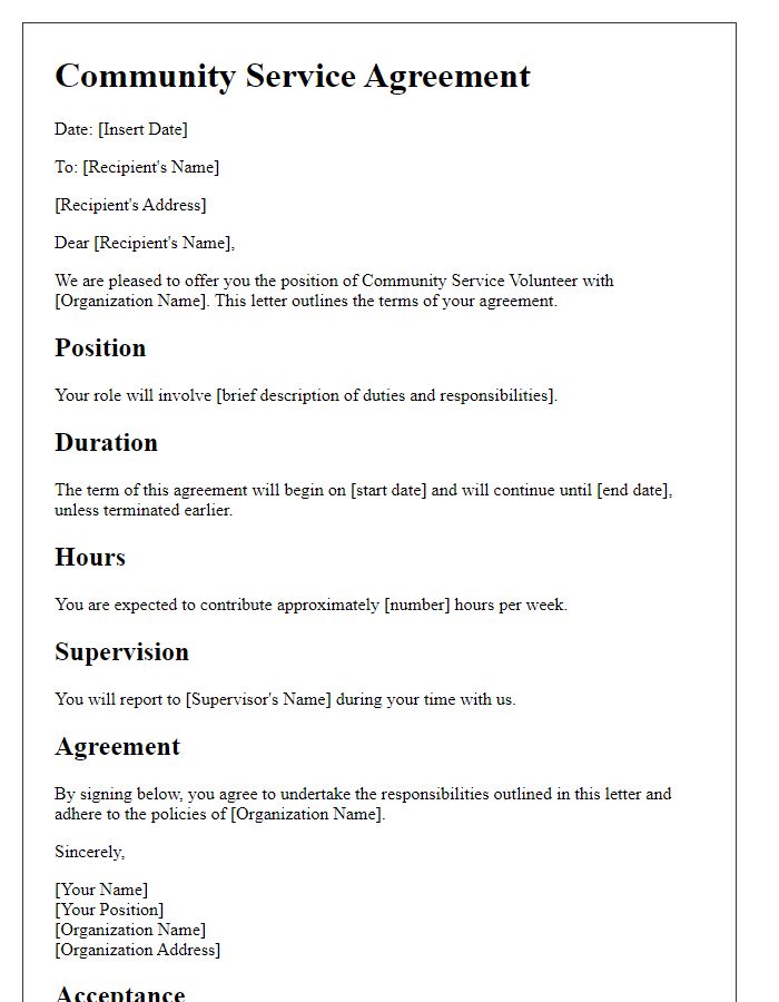 Letter template of agreement for community service role