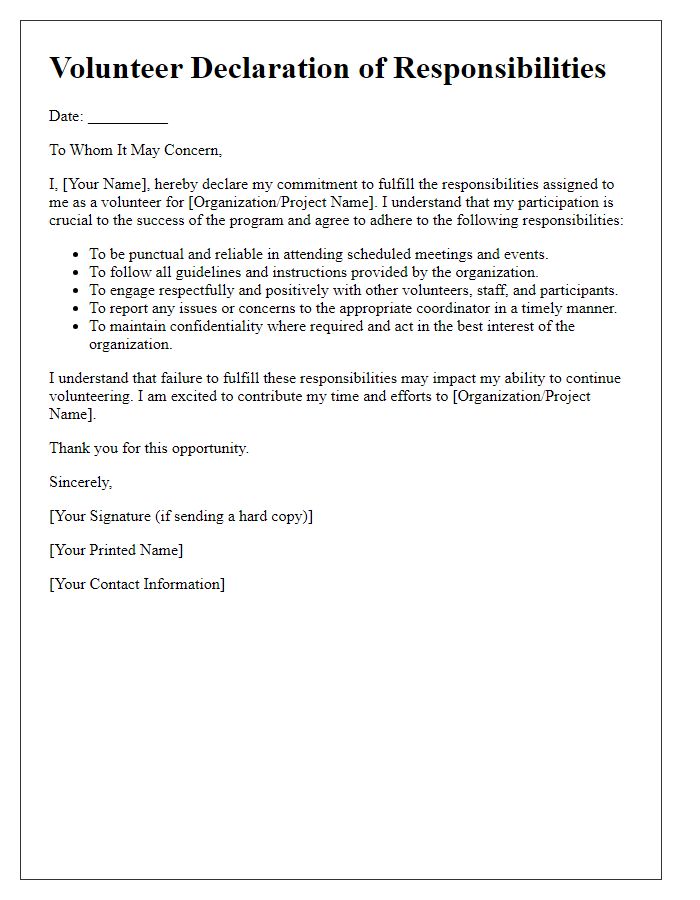 Letter template of declaration for volunteer responsibilities