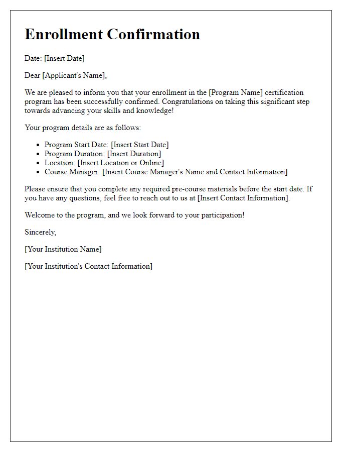 Letter template of certification program enrollment confirmation for applicants