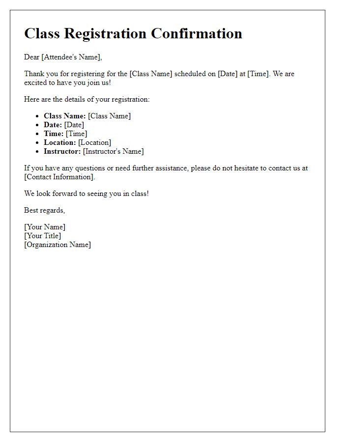 Letter template of class registration confirmation for attendees