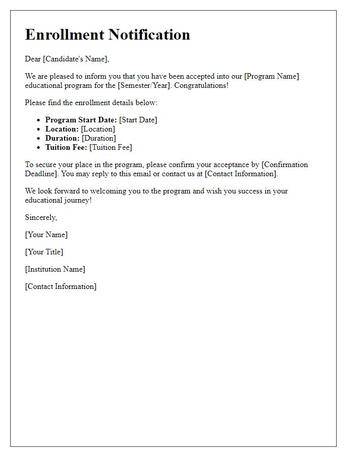 Letter template of educational program enrollment notification for candidates