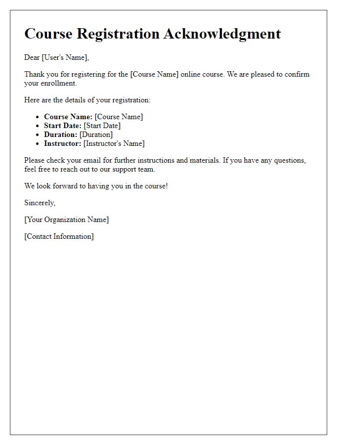 Letter template of online course registration acknowledgment for users
