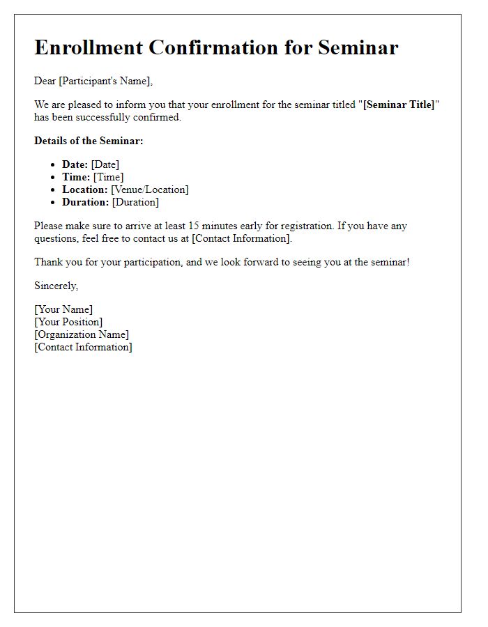 Letter template of seminar enrollment confirmation for participants