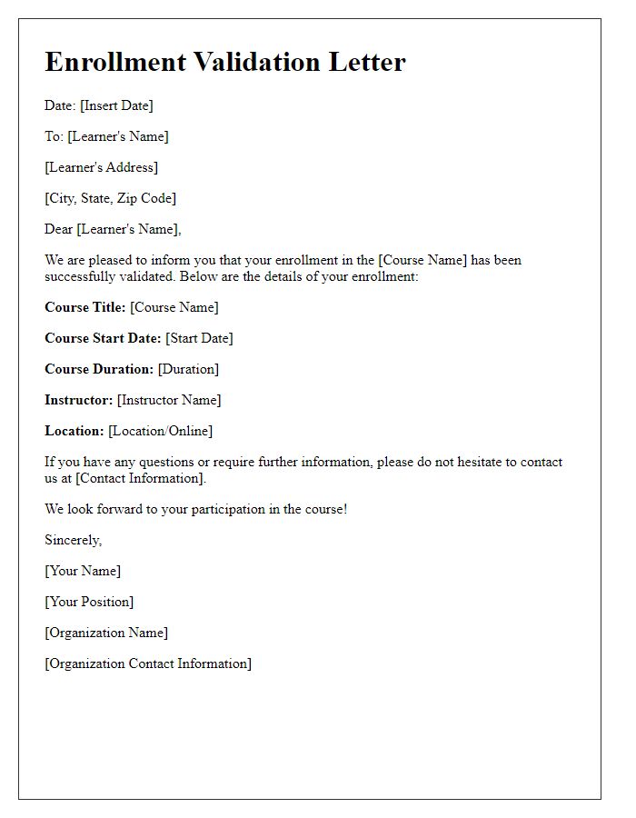 Letter template of training course enrollment validation for learners