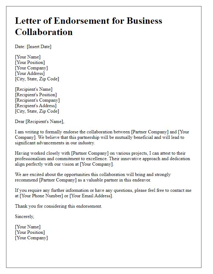 Letter template of business collaboration endorsement