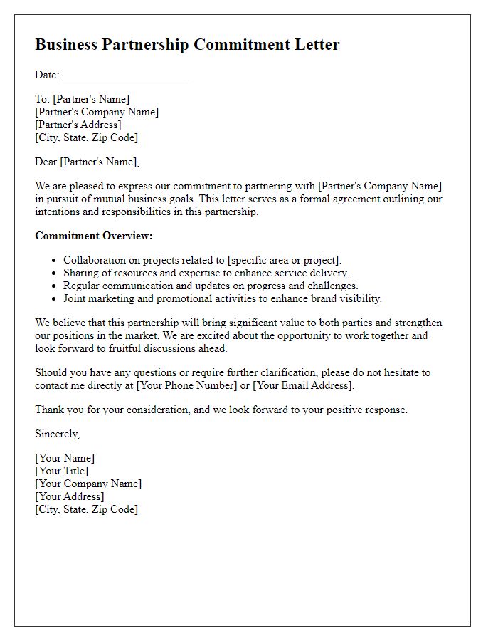 Letter template of business partnership commitment