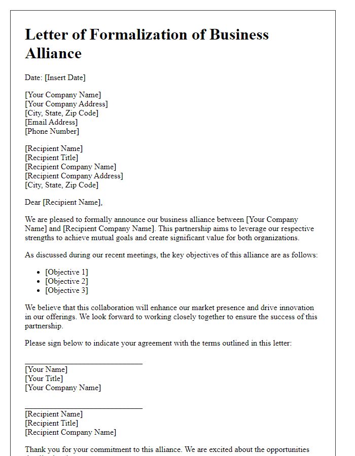 Letter template of formalization of business alliance