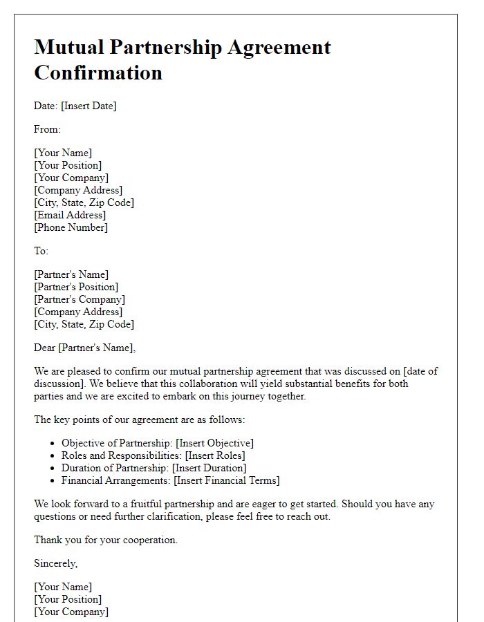 Letter template of mutual partnership agreement confirmation