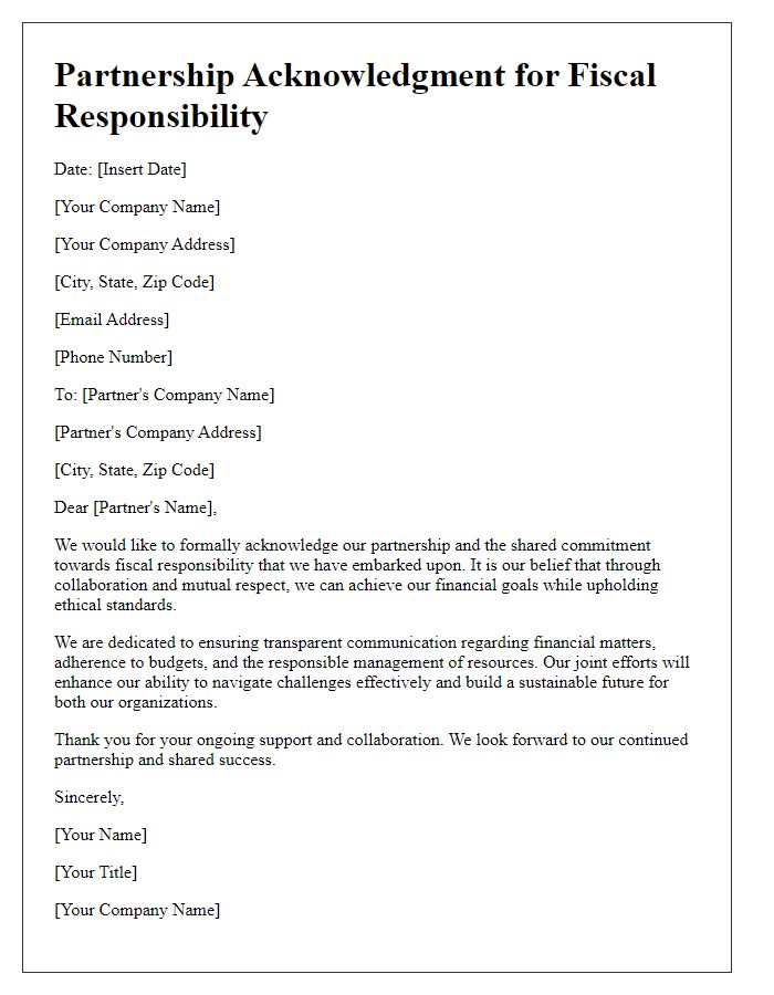 Letter template of partnership acknowledgment for fiscal responsibility