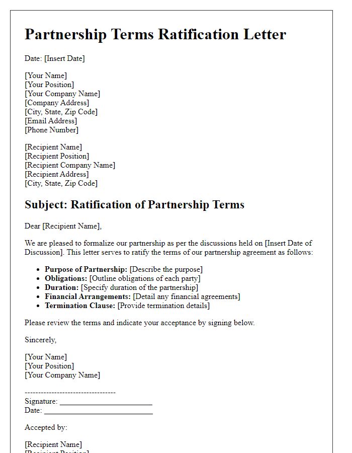 Letter template of partnership terms ratification