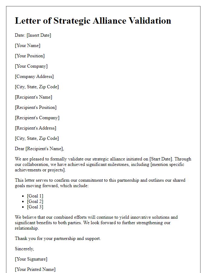 Letter template of strategic alliance validation