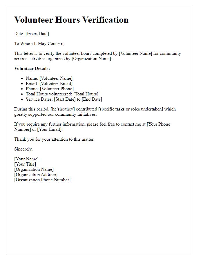 Letter template of volunteer hours verification for community service.