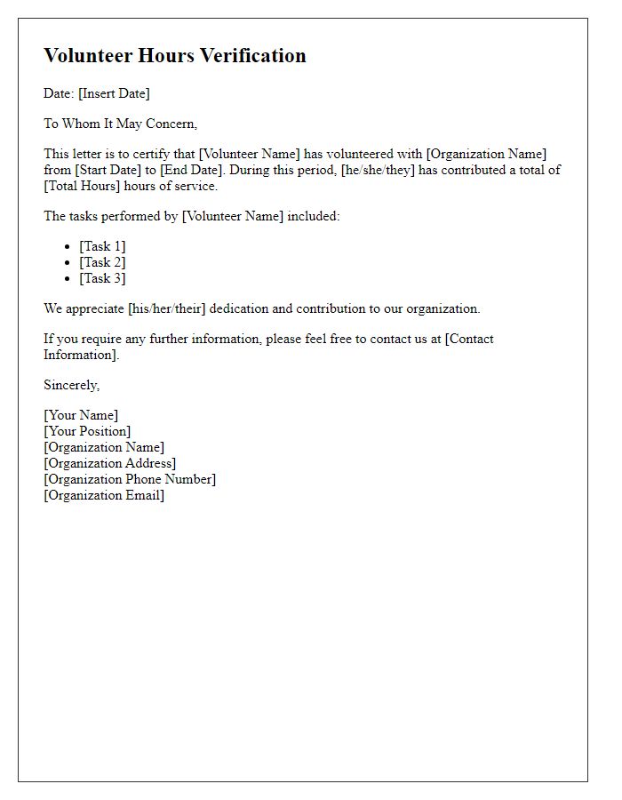 Letter template of volunteer hours verification for personal records.