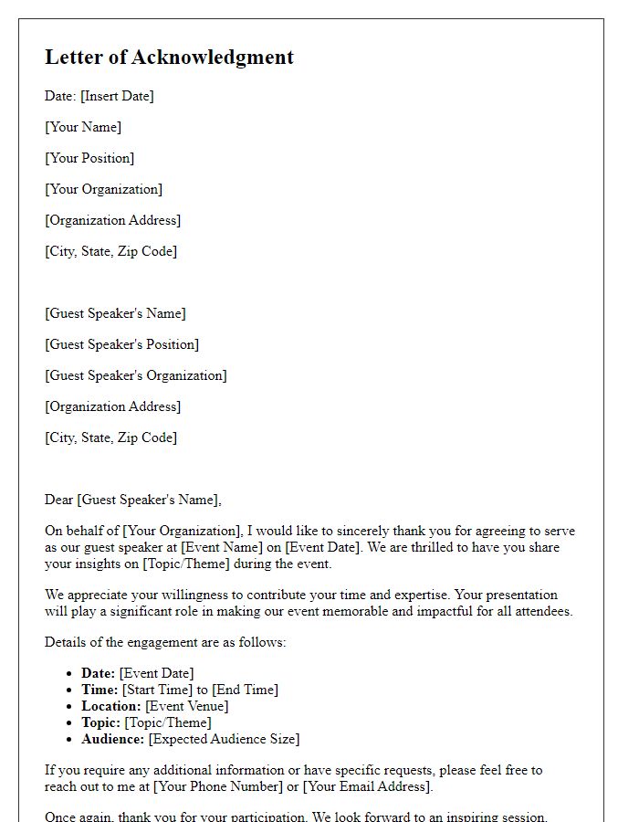 Letter template of acknowledgment for guest speaker engagement details.