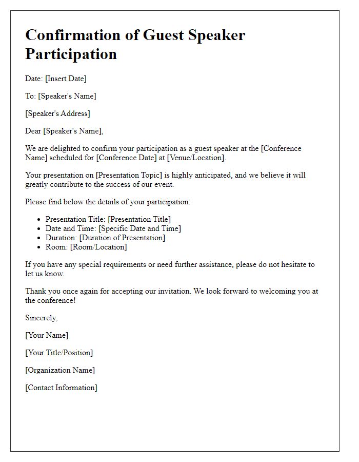 Letter template of confirmation for guest speaker participation at the conference.