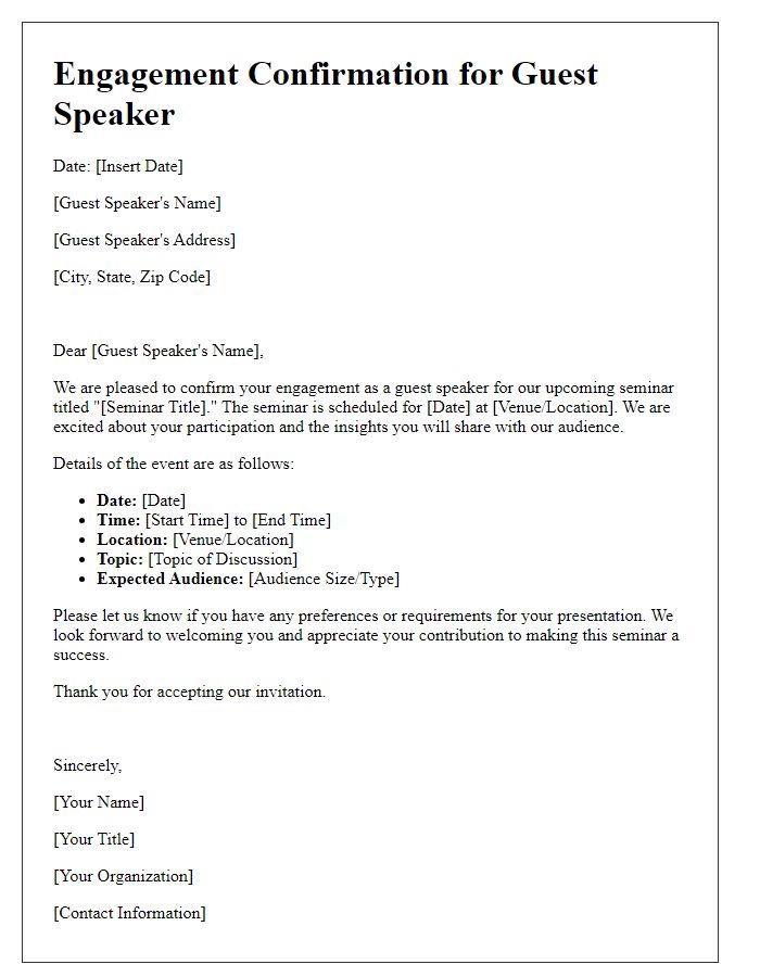 Letter template of engagement confirmation for guest speaker at our seminar.